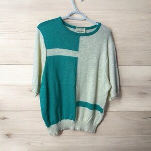 Vintage RARE Union Made colorblock short sleeve sweater turquoise USA flawed